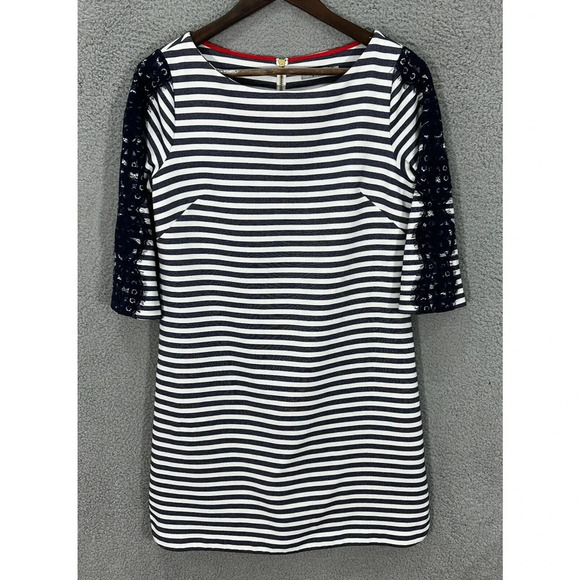 Eliza J Sheath Dress Womens 8 Black White Striped Lace Zipper Accent Preppy Twee - Picture 1 of 7